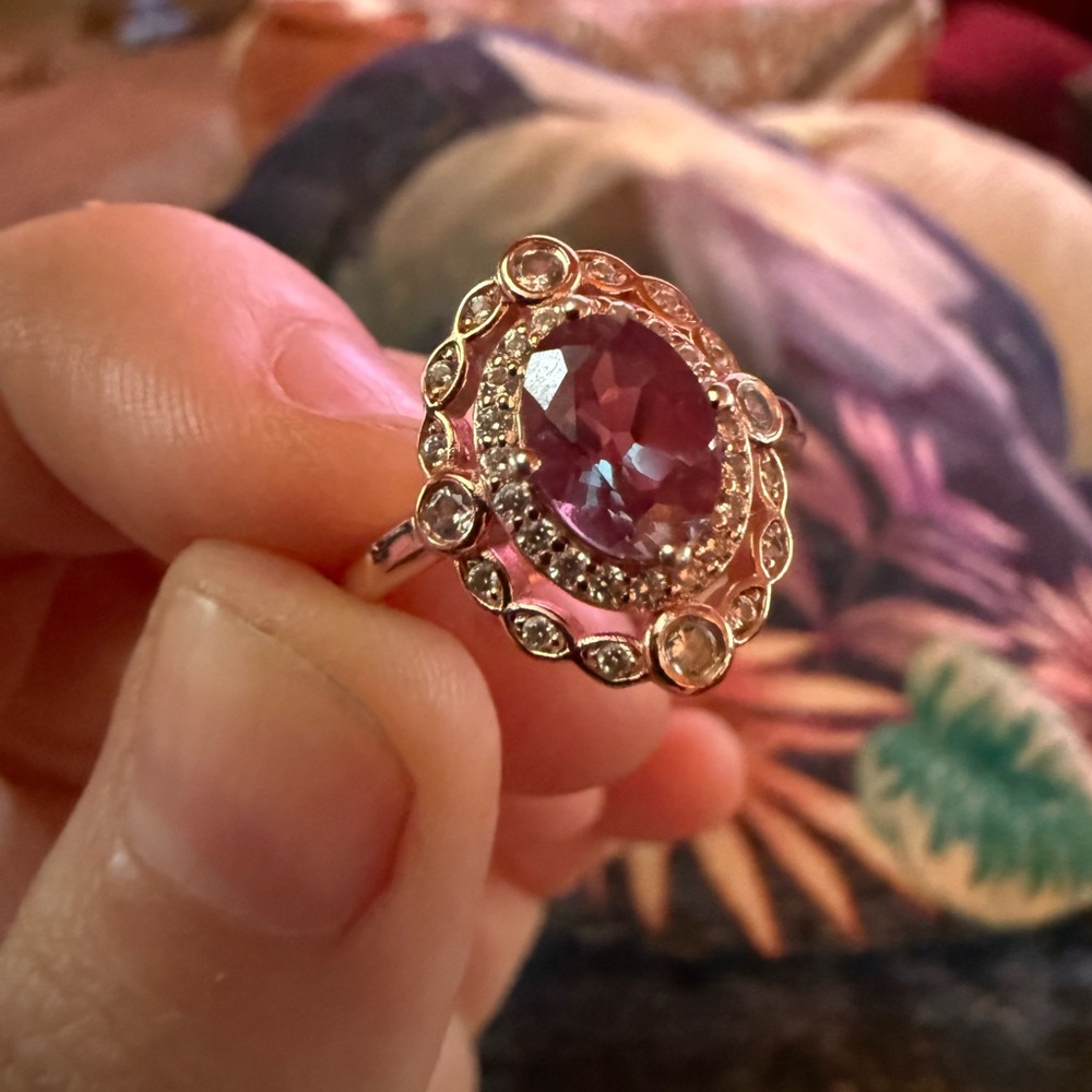 Double Halo Alexandrite & Cubic Zirconia Setting Oval Cut Rose Gold Vermeil Ring